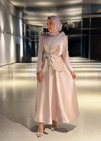 Bej Drapeli Uzun Kollu Abiye Elbise - Görsel 9