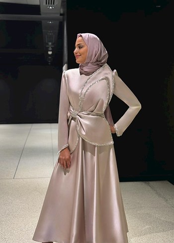 Bej Drapeli Uzun Kollu Abiye Elbise - Görsel 6