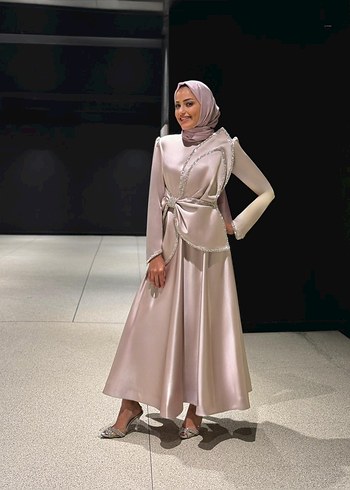 Bej Drapeli Uzun Kollu Abiye Elbise - Görsel 3