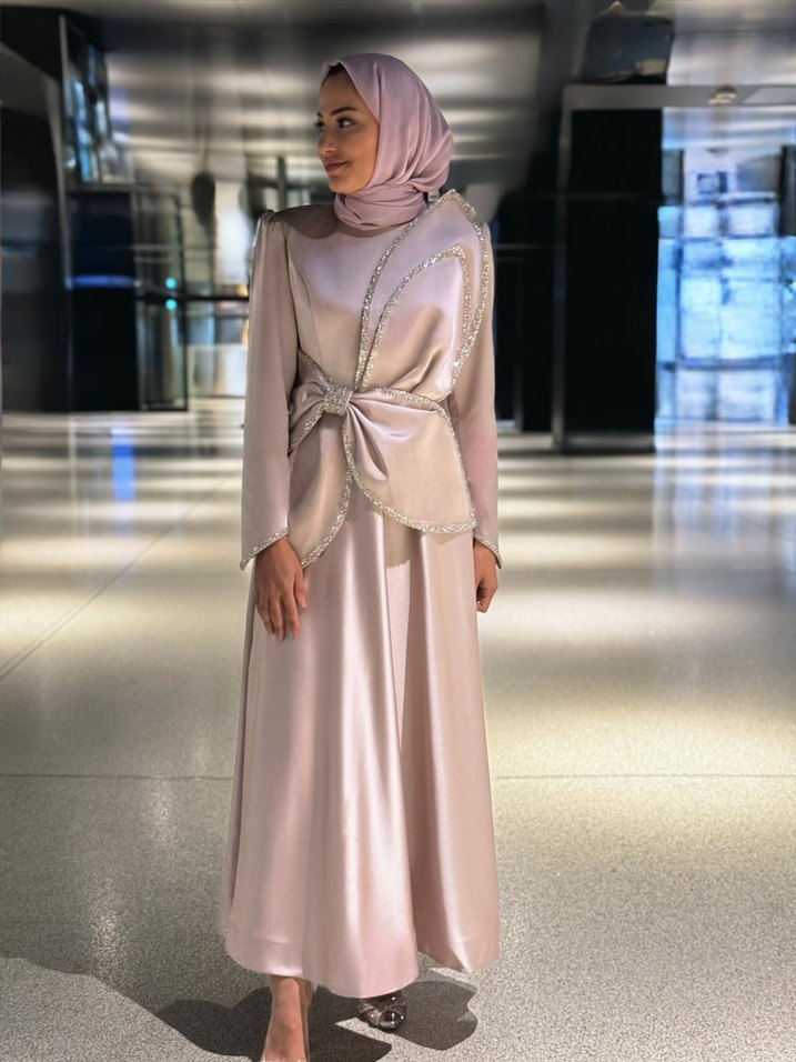 Bej Drapeli Uzun Kollu Abiye Elbise - Görsel 2