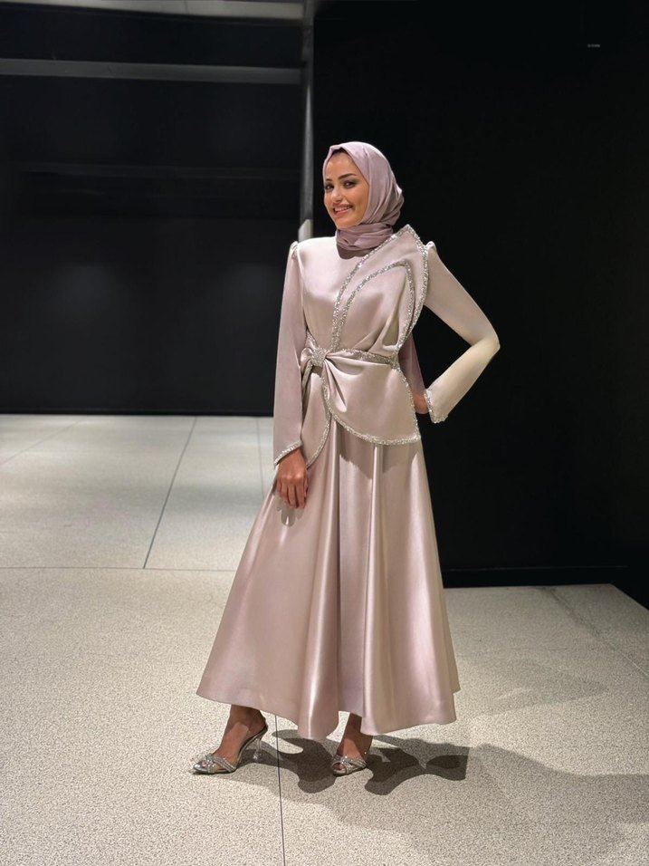 Bej Drapeli Uzun Kollu Abiye Elbise - Görsel 3