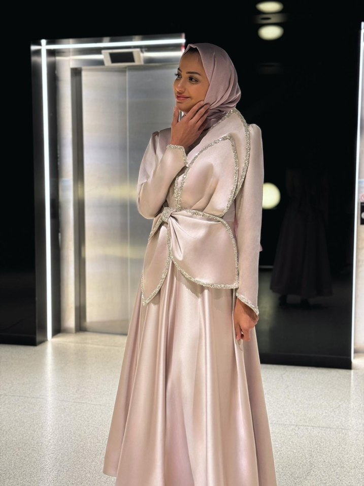 Bej Drapeli Uzun Kollu Abiye Elbise - Görsel 4