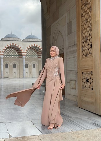 Bej Drapeli Uzun Abiye Elbise - Görsel 3