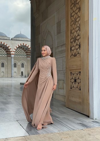 Bej Drapeli Uzun Abiye Elbise - Görsel 4