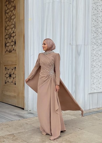 Bej Drapeli Uzun Abiye Elbise - Görsel 6