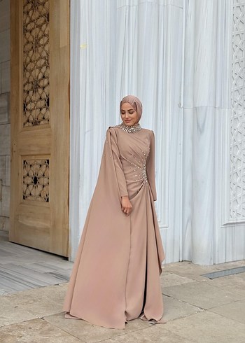 Bej Drapeli Uzun Abiye Elbise - Görsel 8