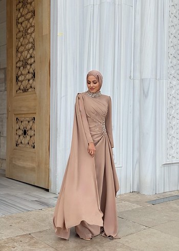 Bej Drapeli Uzun Abiye Elbise - Görsel 5