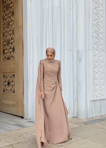 Bej Drapeli Uzun Abiye Elbise - Görsel 7