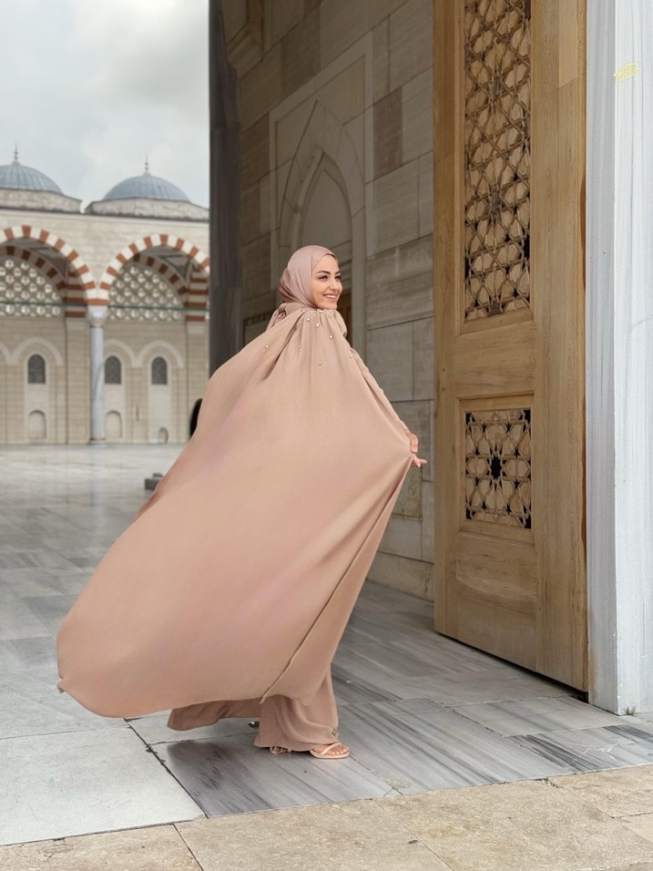 Bej Drapeli Uzun Abiye Elbise - Görsel 2