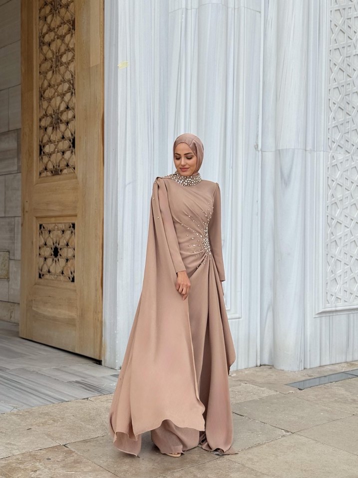 Bej Drapeli Uzun Abiye Elbise - Görsel 5