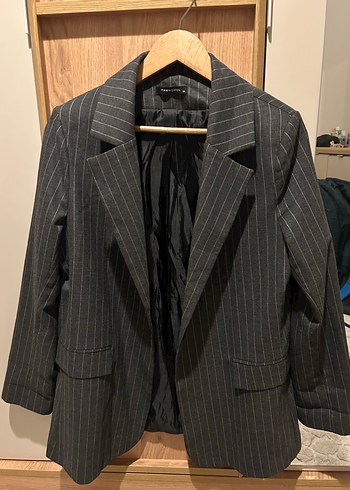 Gri Çizgili Düğmeli Kadın Blazer Ceket - Görsel 3