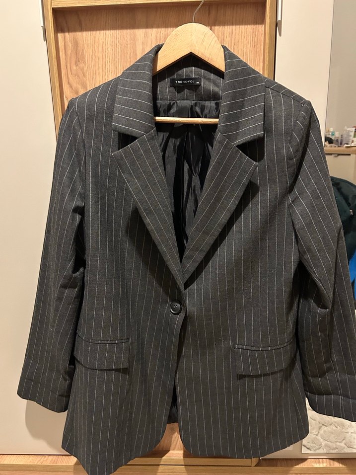 Gri Çizgili Düğmeli Kadın Blazer Ceket - Görsel 2