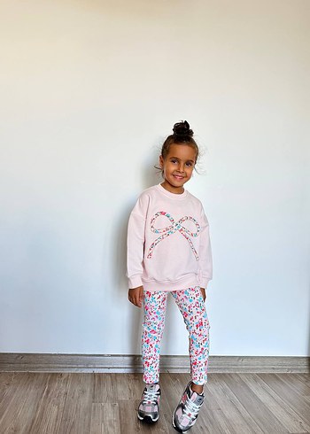 Pembe Bağcıklı Kız Sweatshirt ve Eşofman Takımı