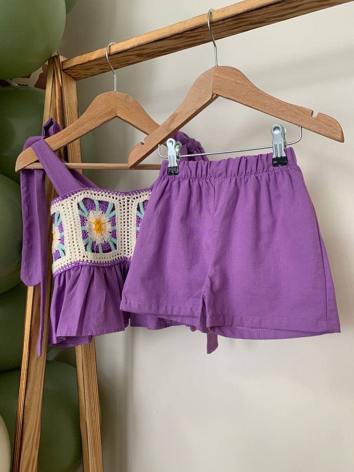 Mor Bohem Tarzı Bol Kesim Kız Şortu - Görsel 3