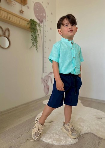 Erkek Çocuk Turkuaz Düğmeli Pamuklu Şort - Görsel 3