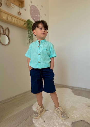 Erkek Çocuk Turkuaz Düğmeli Pamuklu Şort - Görsel 2