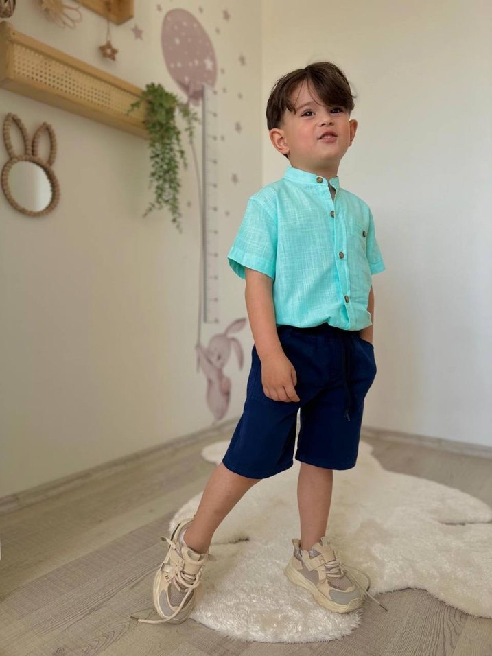 Erkek Çocuk Turkuaz Düğmeli Pamuklu Şort - Görsel 3