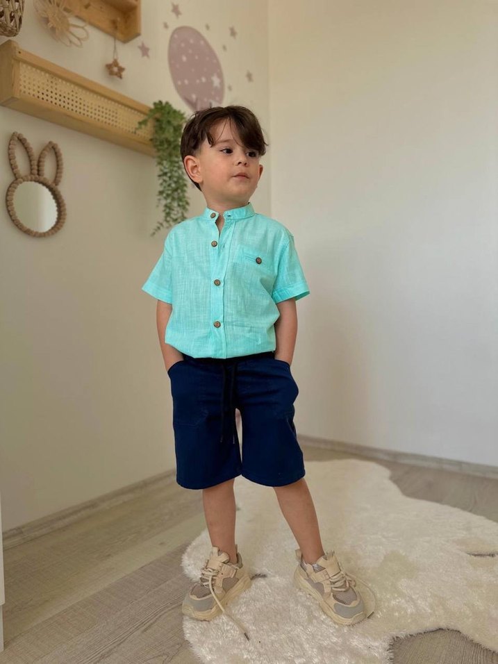 Erkek Çocuk Turkuaz Düğmeli Pamuklu Şort - Görsel 2