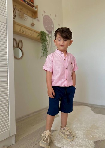 Erkek Çocuk Düğmeli Kısa Kollu Pembe Gömlek - Görsel 2