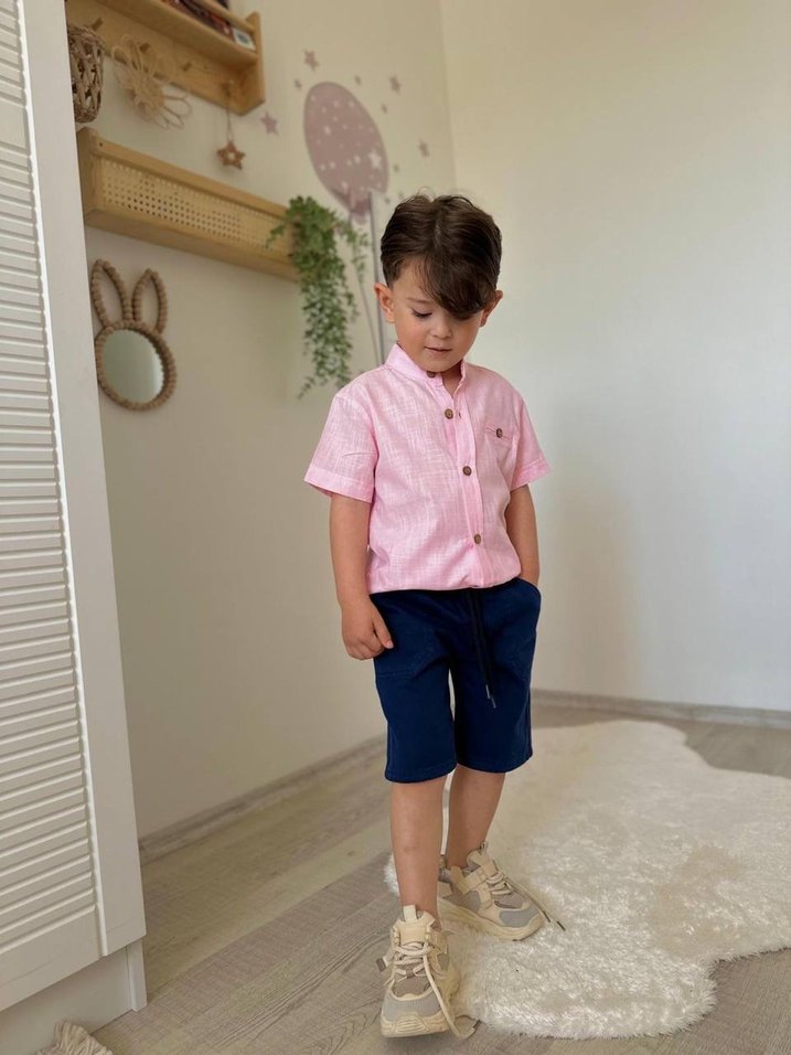 Erkek Çocuk Düğmeli Kısa Kollu Pembe Gömlek - Görsel 3