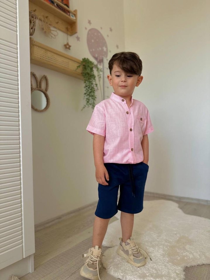 Erkek Çocuk Düğmeli Kısa Kollu Pembe Gömlek - Görsel 2