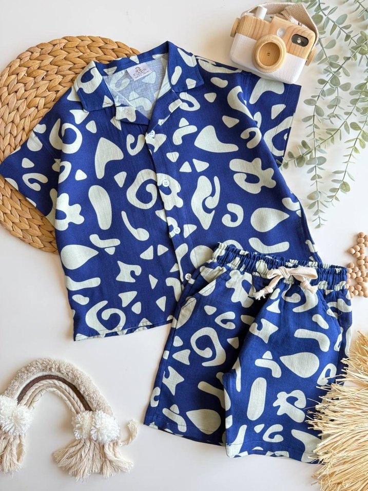 Erkek Çocuk Mavi Batik Desenli Kısa Kollu Takım - Görsel 3