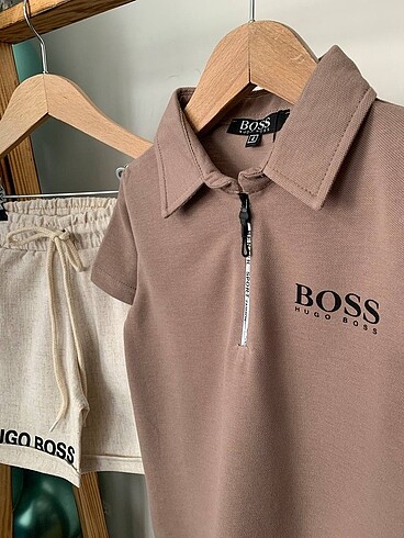 5 Yaş Beden kahverengi Renk Boss Keten Şortlu Takım
