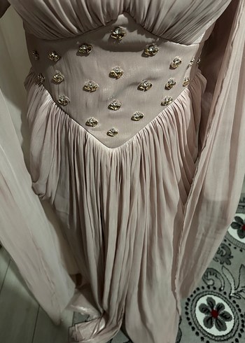 Pembe Parlak V Yakalı Uzun Drapeli Elbisekira - Görsel 3