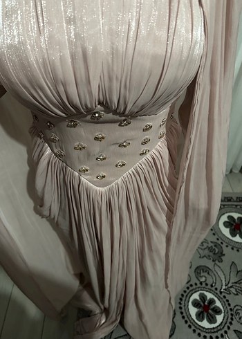 Pembe Parlak V Yakalı Uzun Drapeli Elbisekira - Görsel 2