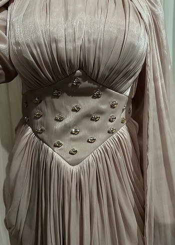 Pembe Parlak V Yakalı Uzun Drapeli Elbisekira - Görsel 4