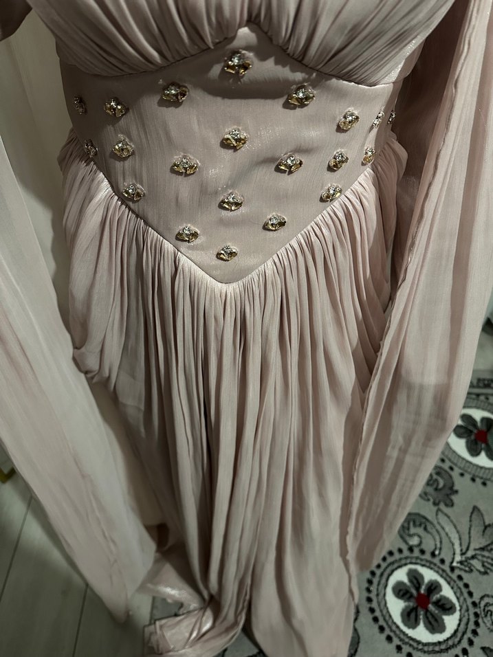 Pembe Parlak V Yakalı Uzun Drapeli Elbisekira - Görsel 3