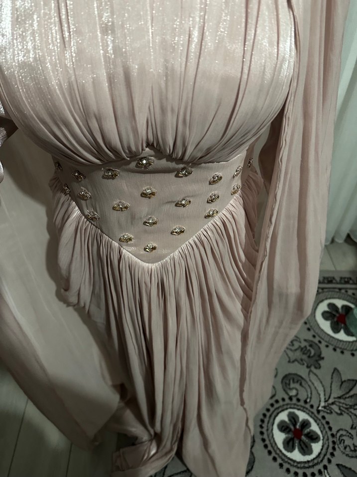 Pembe Parlak V Yakalı Uzun Drapeli Elbisekira - Görsel 2