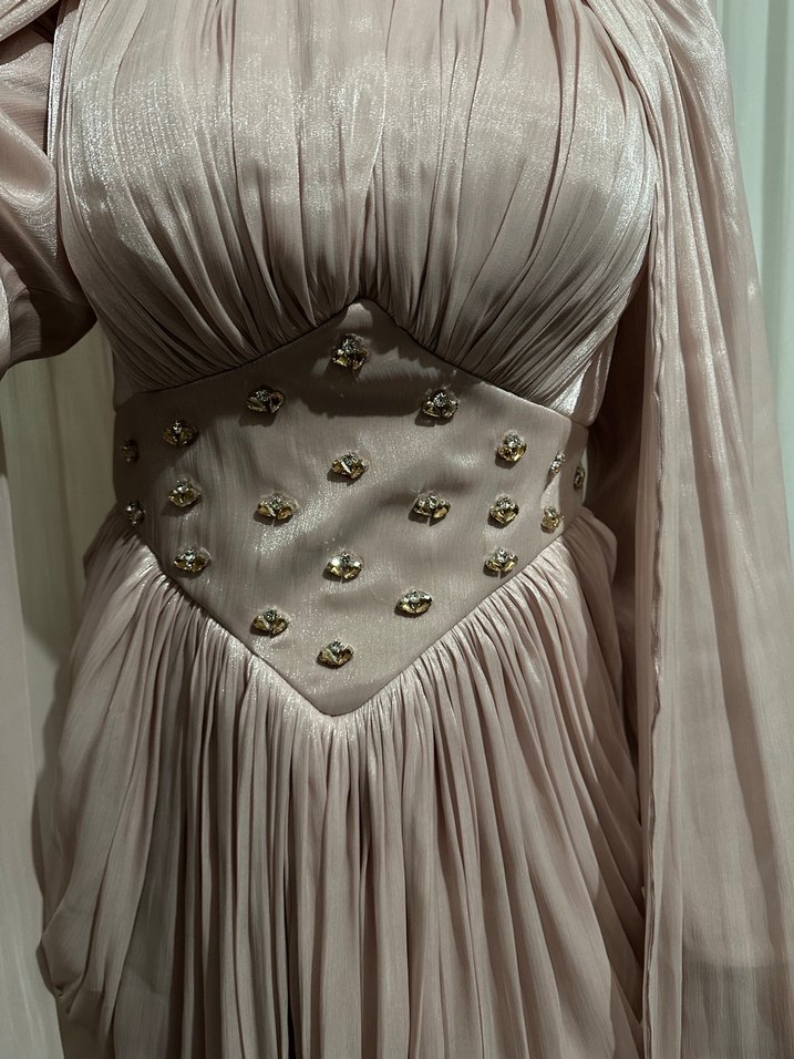 Pembe Parlak V Yakalı Uzun Drapeli Elbisekira - Görsel 4