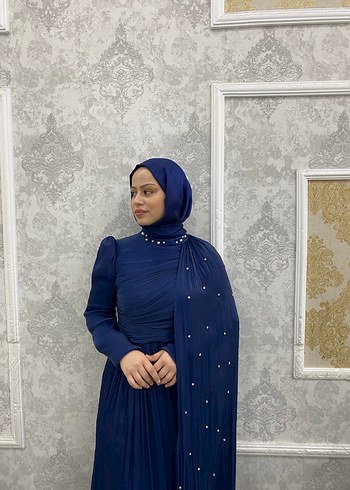 Lacivert Drapeli Uzun Abiye Elbise - Görsel 3