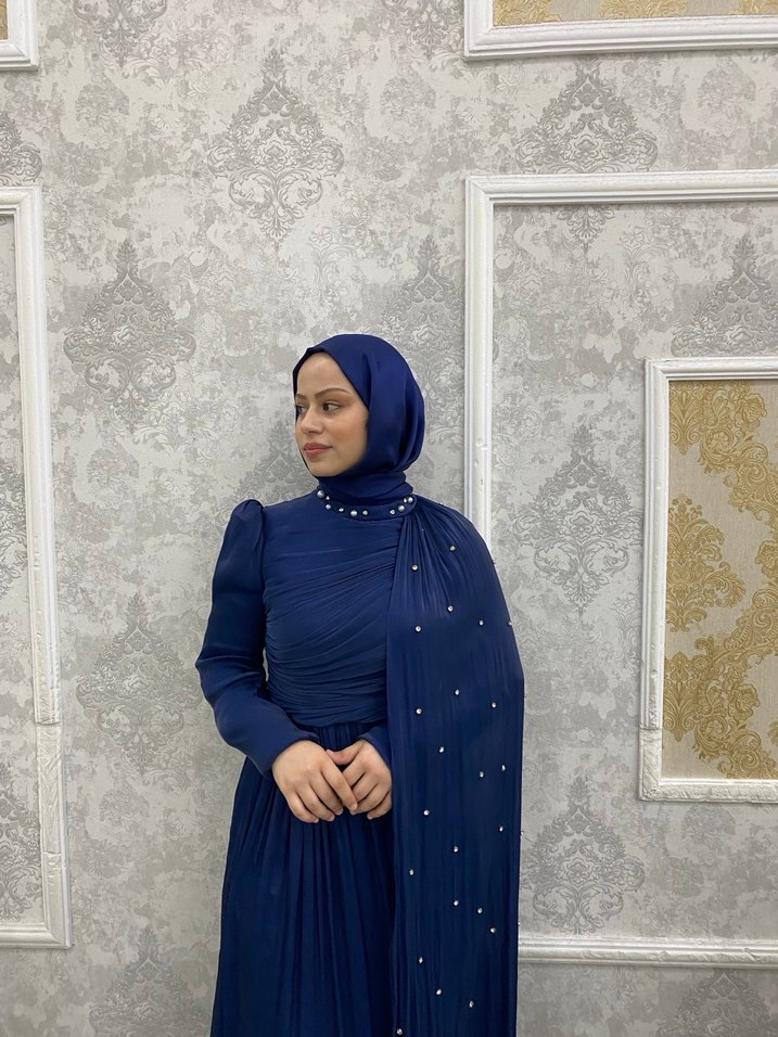 Lacivert Drapeli Uzun Abiye Elbise - Görsel 3