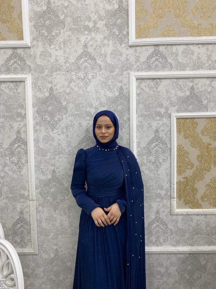 Lacivert Drapeli Uzun Abiye Elbise - Görsel 4