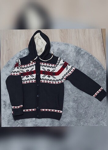 LC Waikiki Erkek Örgü Detaylı Füme Kapşonlu Hırka