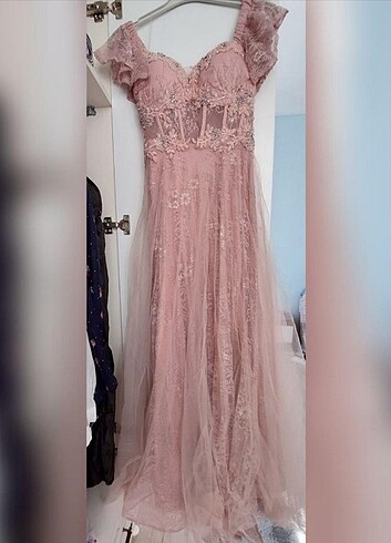 Saygı Mağazaları Pudra Pembe Askılı Tüllü Söz&Nişan Elbisesi