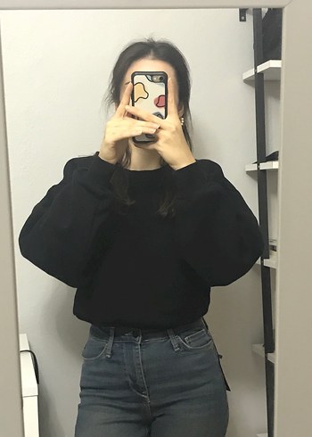 Siyah Denim Kadın Sweatshirt, Oversize Kesim