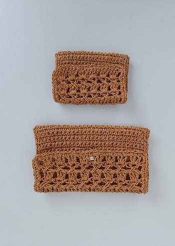 Kağıt İp Dantel Detaylı Örgü Bej El Çantası ve Cüzdan - Görsel 4
