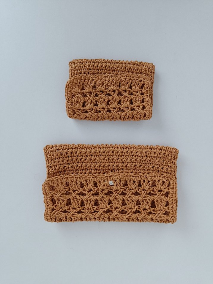 Kağıt İp Dantel Detaylı Örgü Bej El Çantası ve Cüzdan - Görsel 4