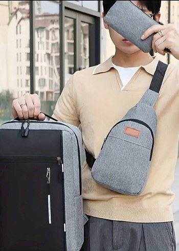 Siyah Kemerli Erkek Sırt Çantası Seti 3 adet ürün - Görsel 3