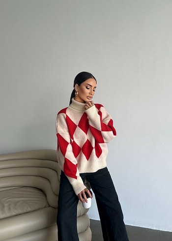 Kırmızı Ekose Desenli Boğazlı Triko Kazak - Görsel 3