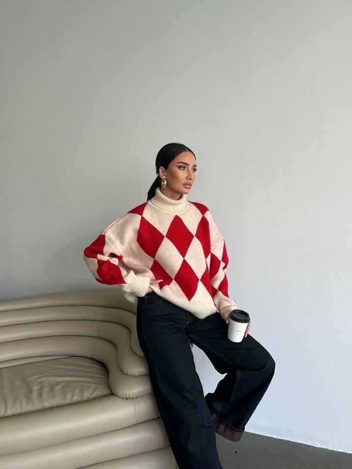 Kırmızı Ekose Desenli Boğazlı Triko Kazak - Görsel 2