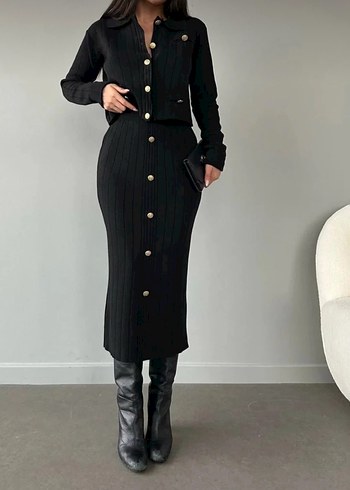 Düğmeli Beyaz Uzun Kollu Triko Elbise - Görsel 4