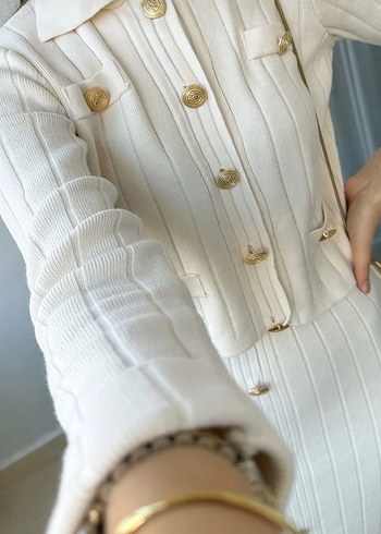 Düğmeli Beyaz Uzun Kollu Triko Elbise - Görsel 3