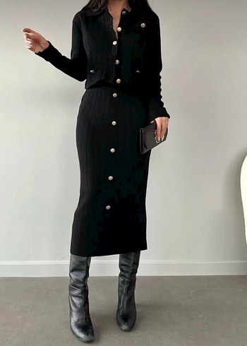 Düğmeli Beyaz Uzun Kollu Triko Elbise - Görsel 6