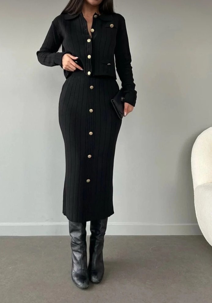 Düğmeli Beyaz Uzun Kollu Triko Elbise - Görsel 4