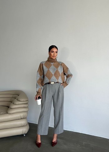 Kadın Boğazlı Ekose Desenli Triko Kazak - Görsel 3