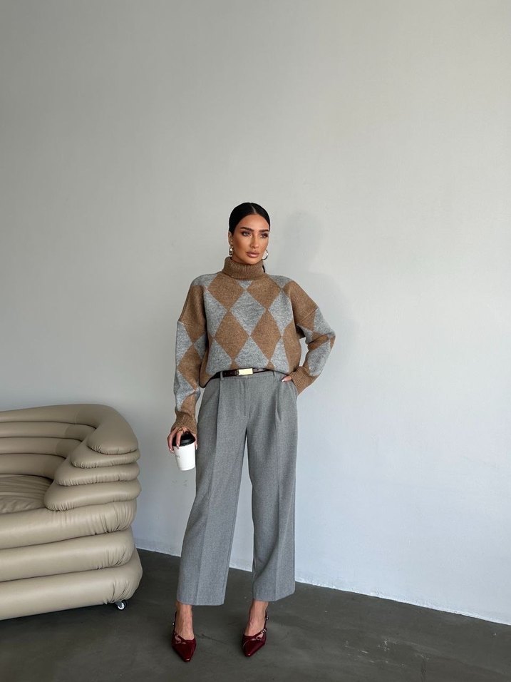 Kadın Boğazlı Ekose Desenli Triko Kazak - Görsel 3